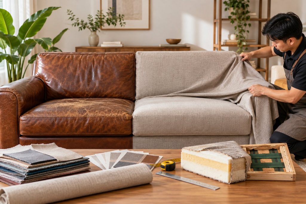 Bọc vải lên sofa da cũ: Kiểm tra trước khi làm