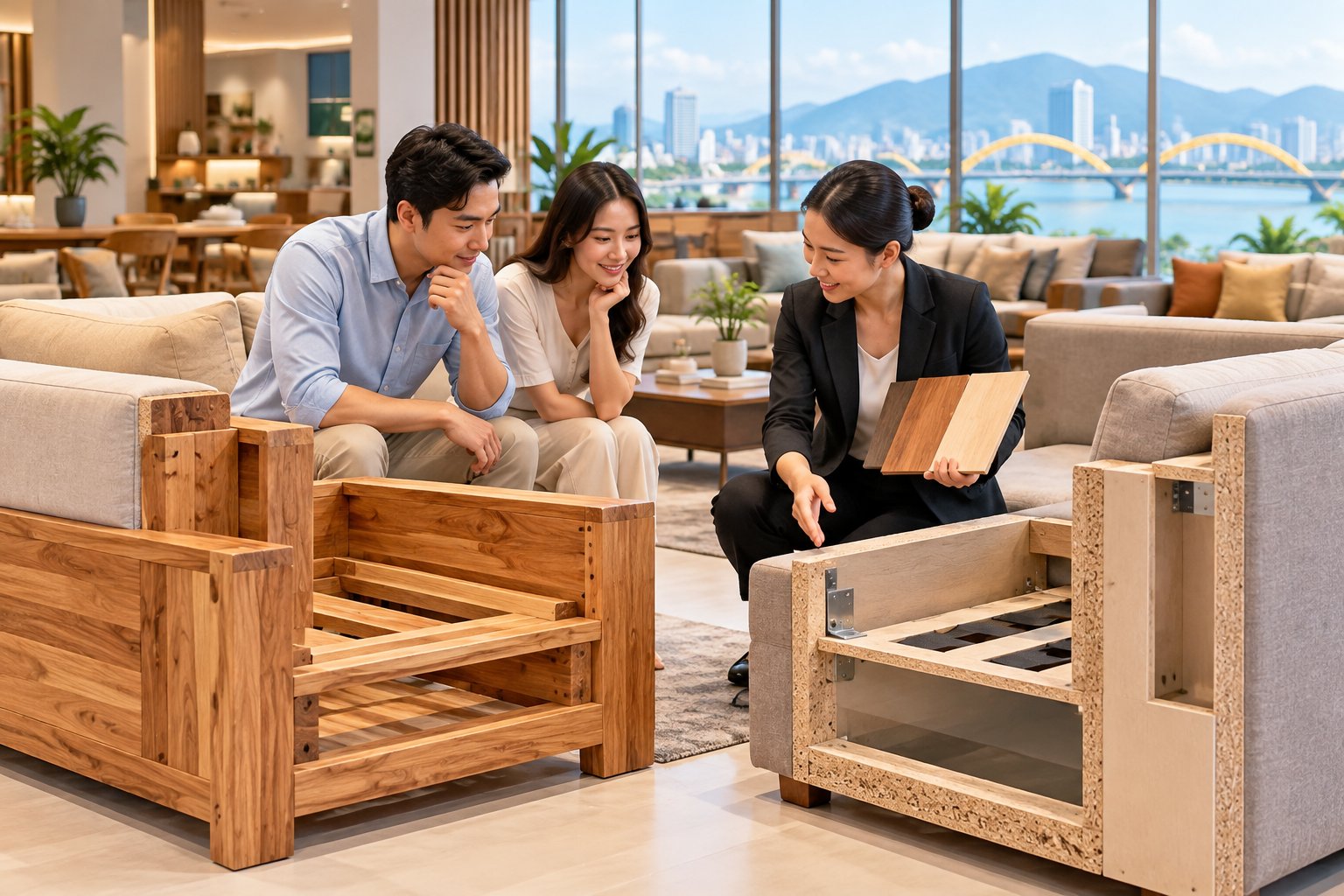 Ảnh minh hoạ: Khung sofa gỗ tự nhiên hay gỗ công nghiệp tốt hơn?